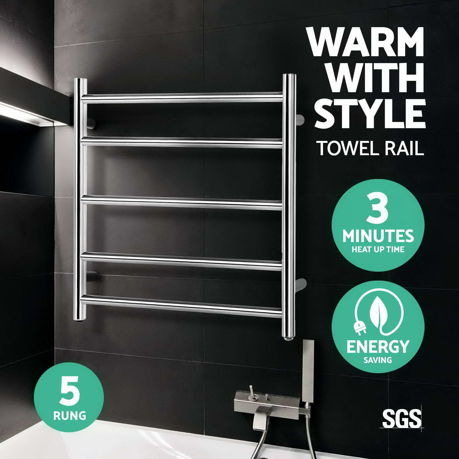 Devanti Heated Towel Rail 10 Rungs White Electric Bathroom Foldable Aluminium