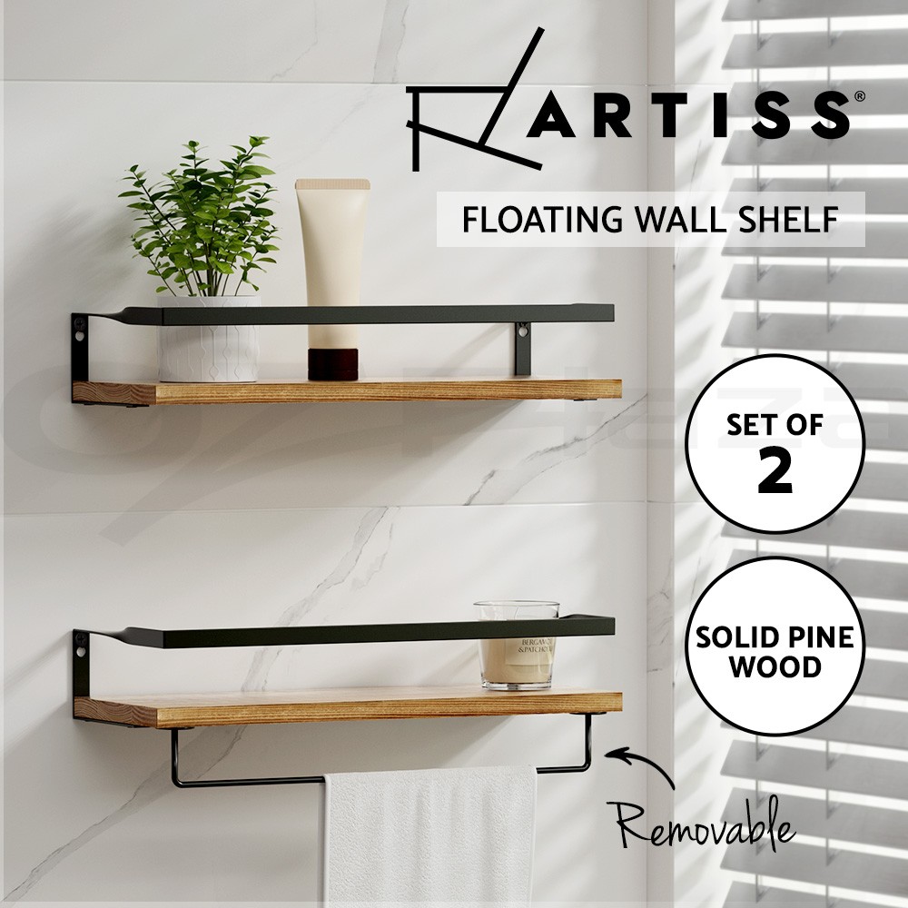 Artiss Floating Wall Shelf Rustic Solid Pine Wood Metal Frame DIY Mountable