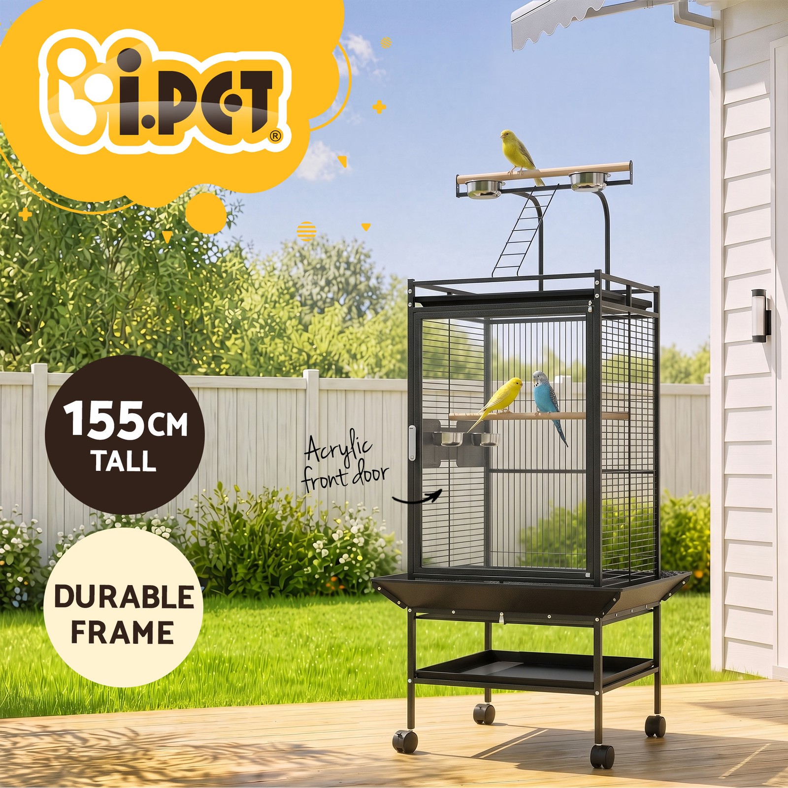i.Pet Bird Aviary Cage 155cm Black Wrought Iron small medium Birds Castor Wheels