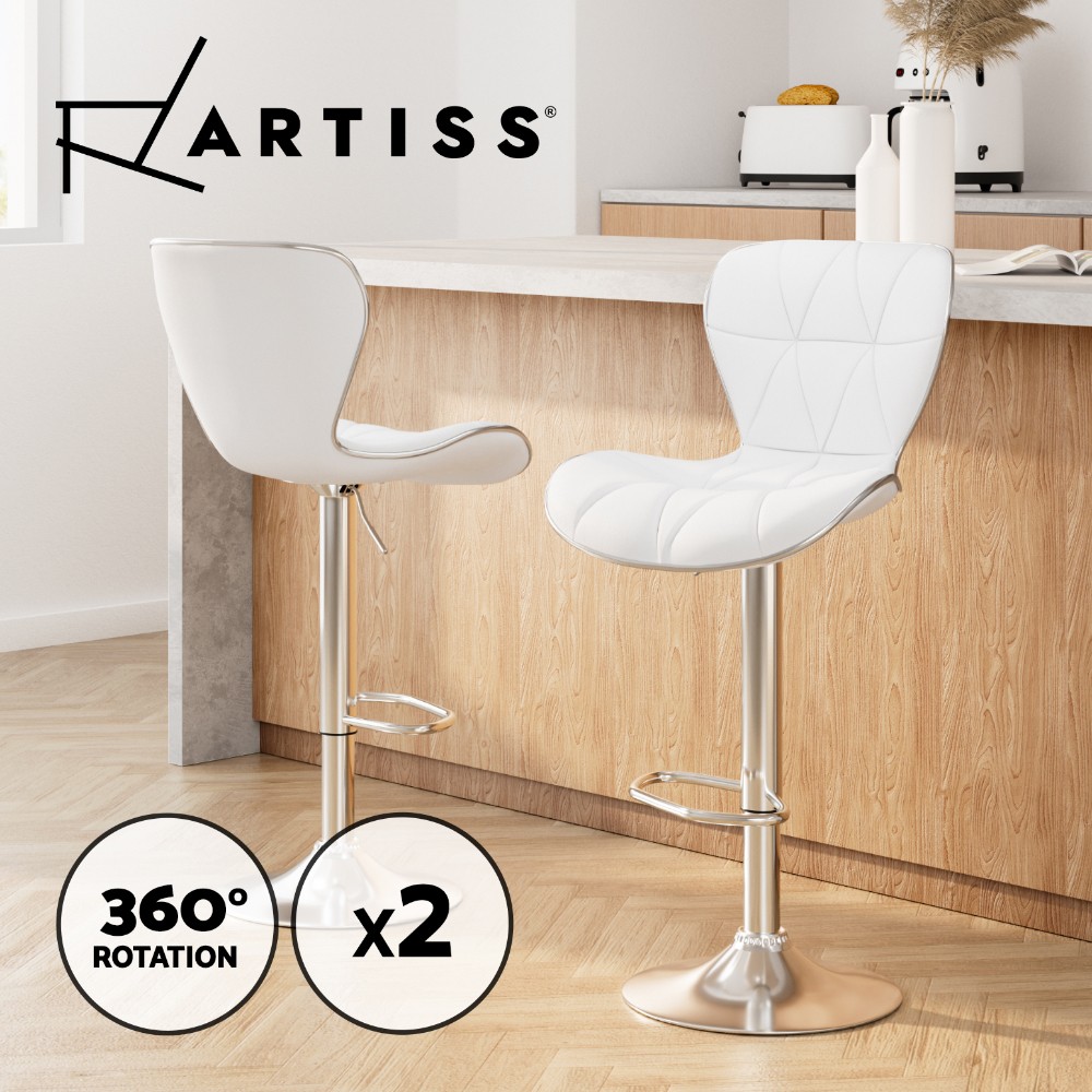 Artiss 2x Bar Stools Gas Lift Swivel Leather Chrome White 130kg Kitchen Modern