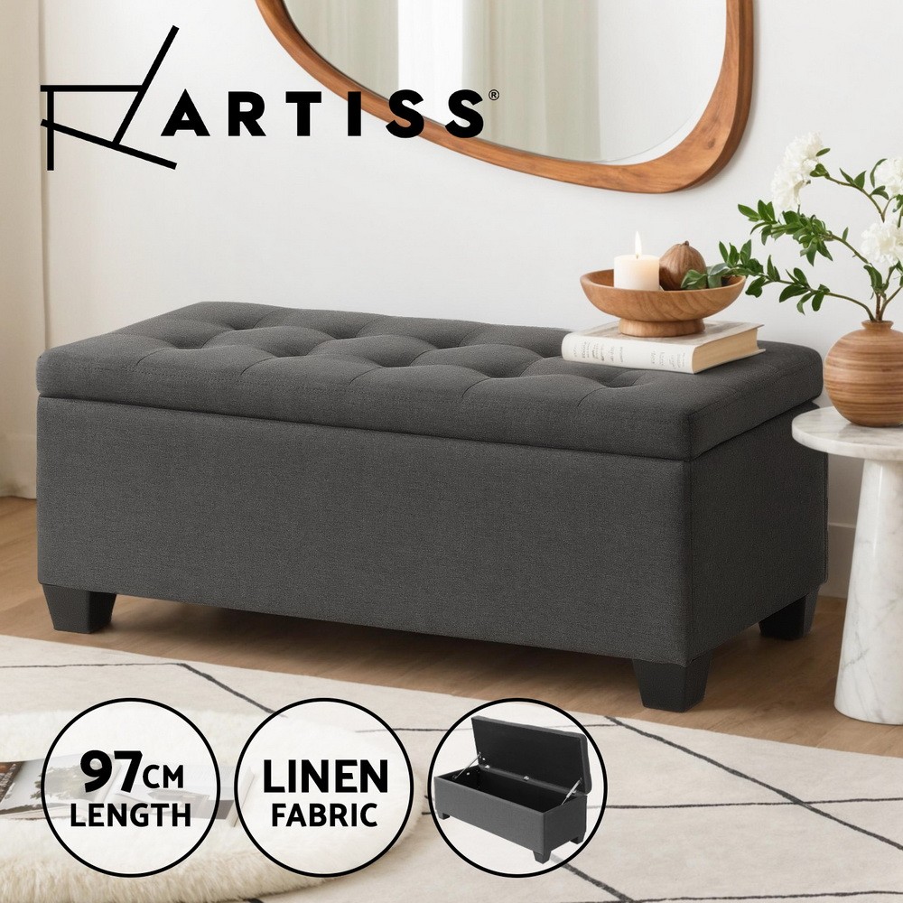 Artiss Storage Ottoman Blanket Box Bench 97cm Faux Linen Charcoal Lift-up Lid
