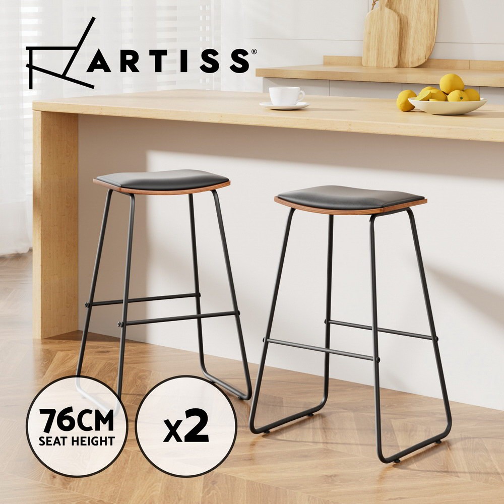 Artiss Porter 2x Bar Stools PU Leather Padded Black 76 cm Metal Footrest Kitchen