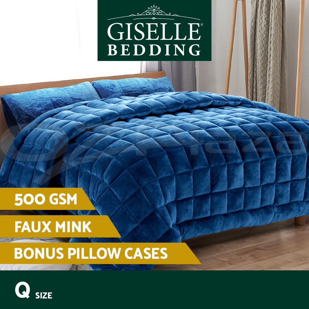 Giselle Bedding Faux Mink Quilt Queen 500gsm Navy Blue Winter Weight Pillow Case