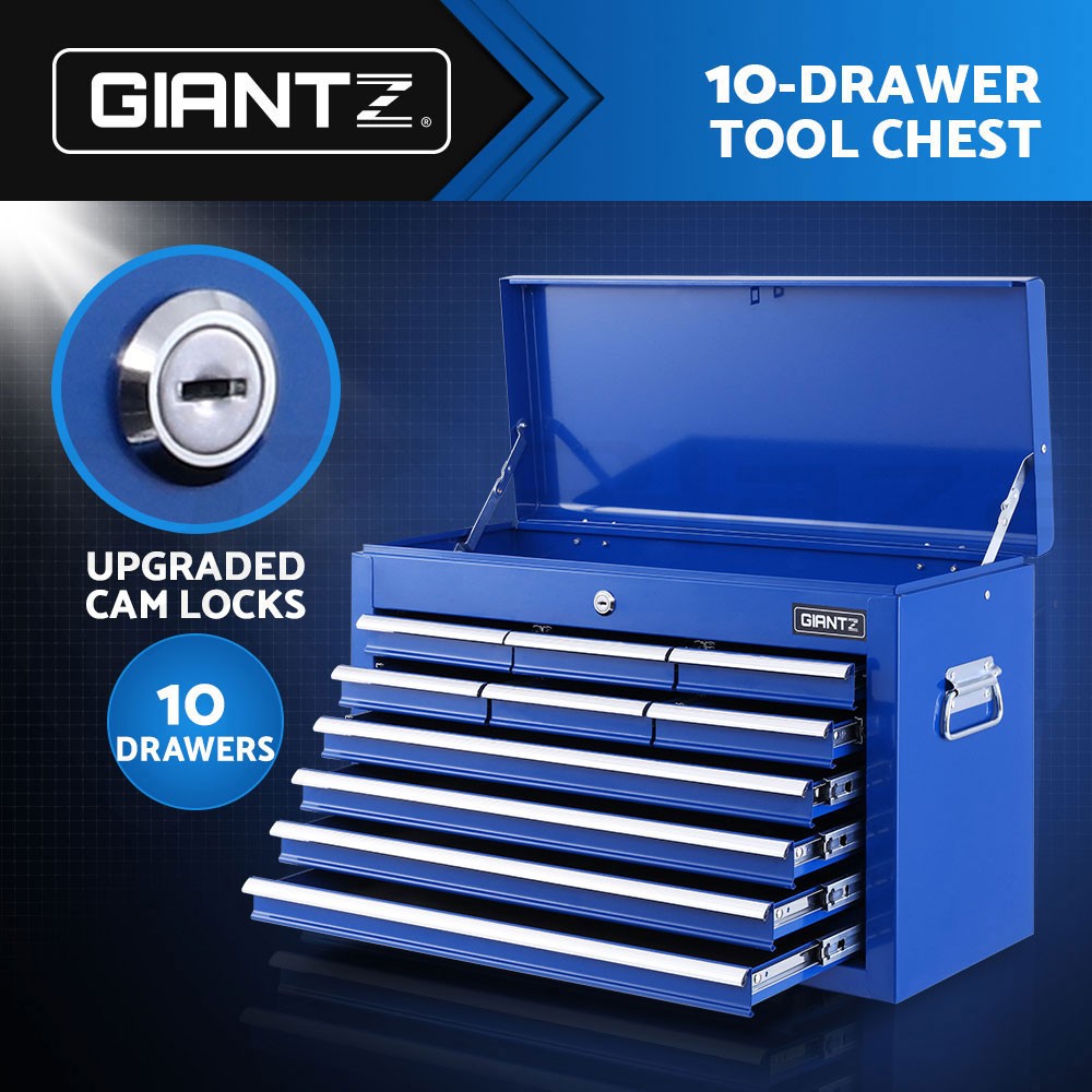 Giantz 10 Drawer Steel Tool Chest Lockable Ball Bearing Slides 75kg Blue Storage