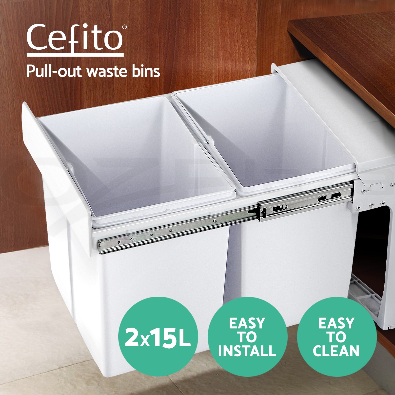 Cefito 30L Twin Pull Out Waste Bin 2 compartments White Under Sink Heavy Duty