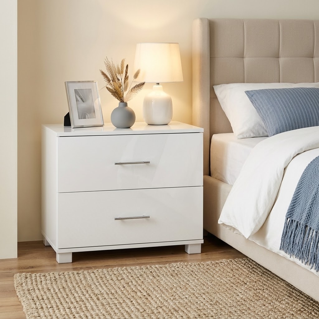 Artiss Bedside Table 2 Drawers High Gloss White Aluminium Handles 59cm 40cm 51cm