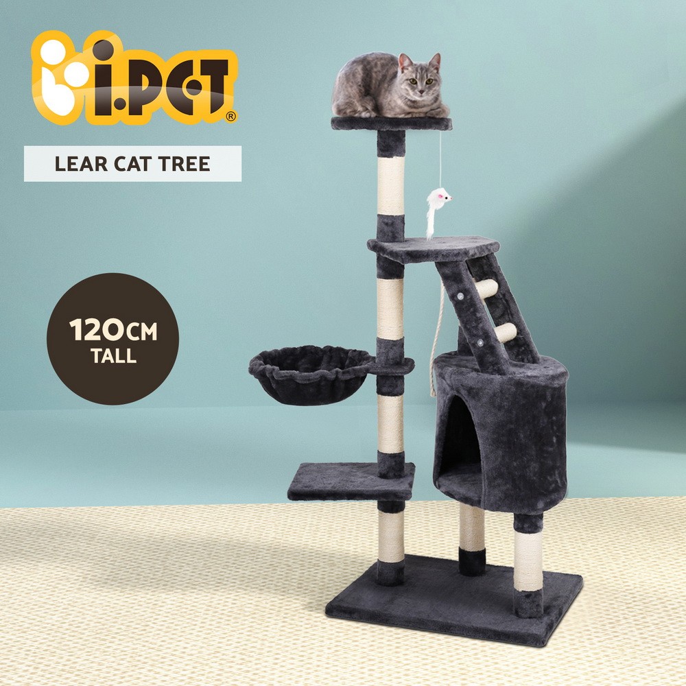 i.Pet Cat Tree Tower 120cm Scratching Post Dark Grey Wood Hammock Multi-level