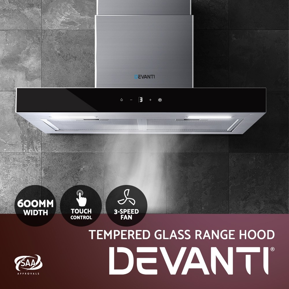 Devanti Wall-Mounted Rangehood 600mm Black Tempered Glass 3-Speed LED Filter