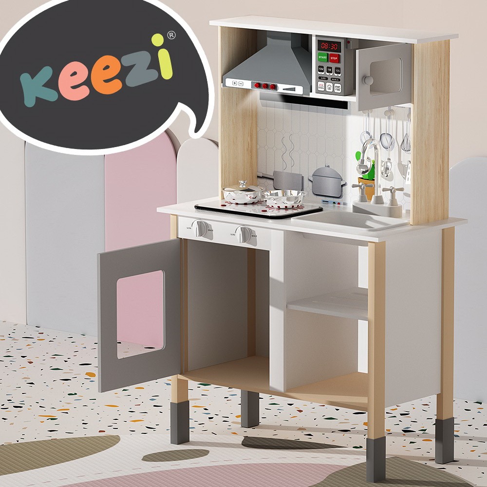 Keezi Wooden Kitchen Playset Kids Pretend Cooking Black White 60cm 30cm 88cm