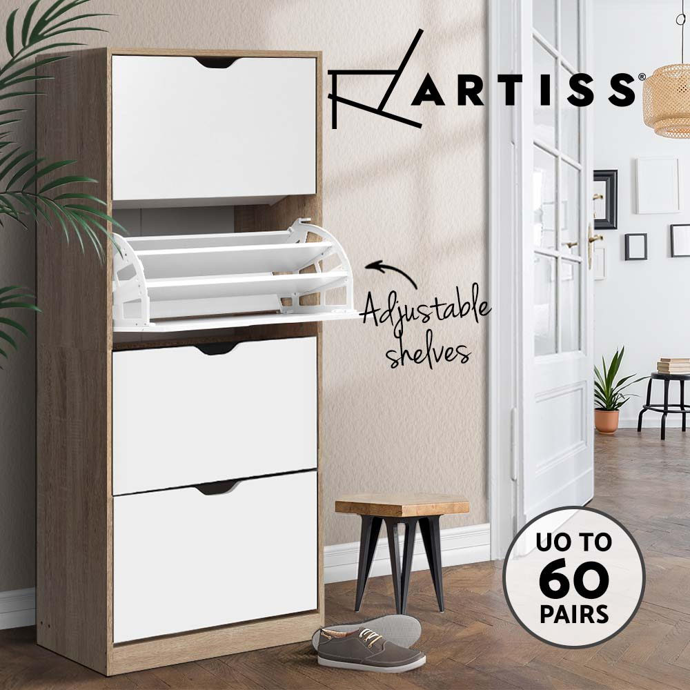 Artiss Shoe Cabinet 60 Pairs 4-Level White With Drawers Particle Board Modern