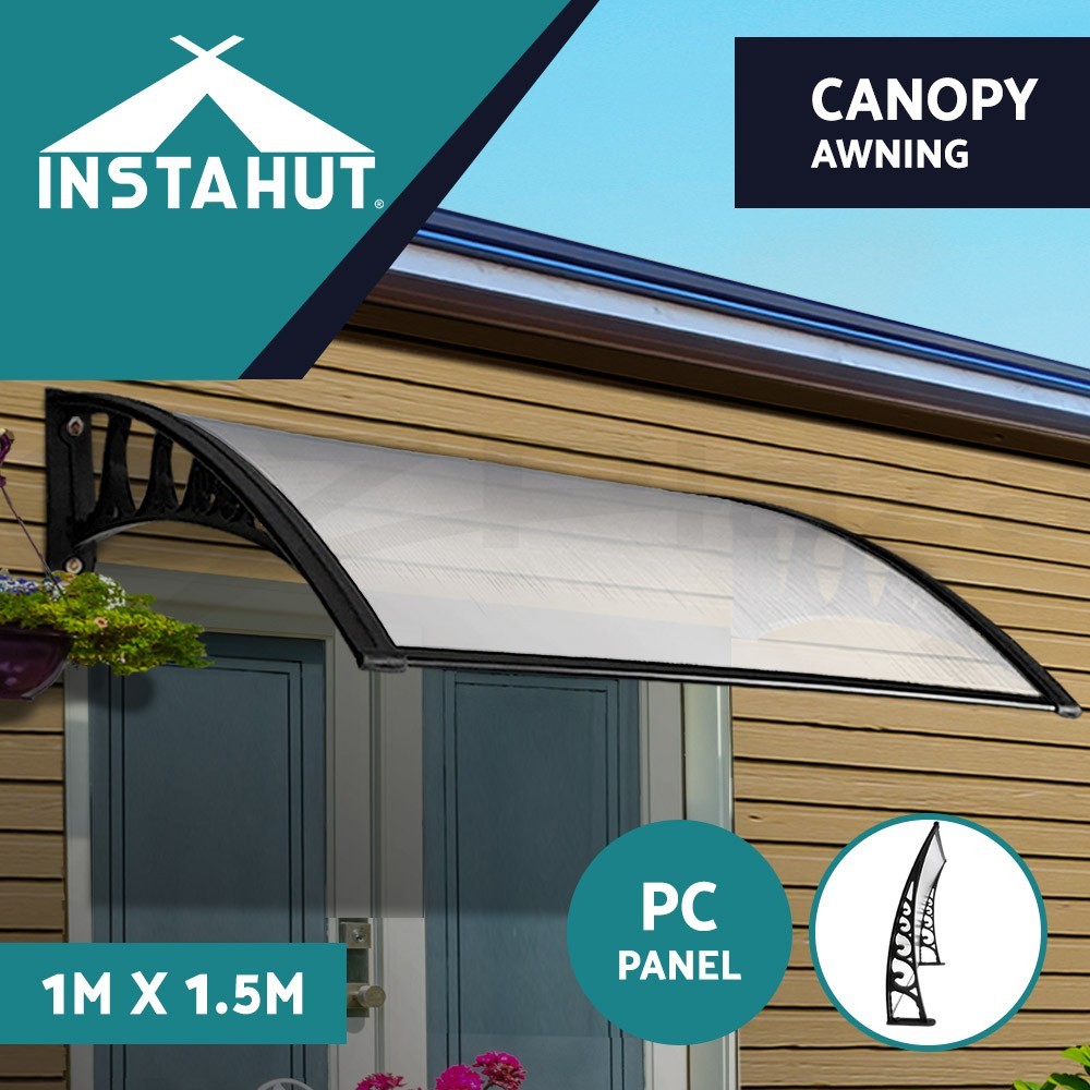 Instahut Door Window Awning 1X1.5M Transparent 5mm Panel Brackets Resistant