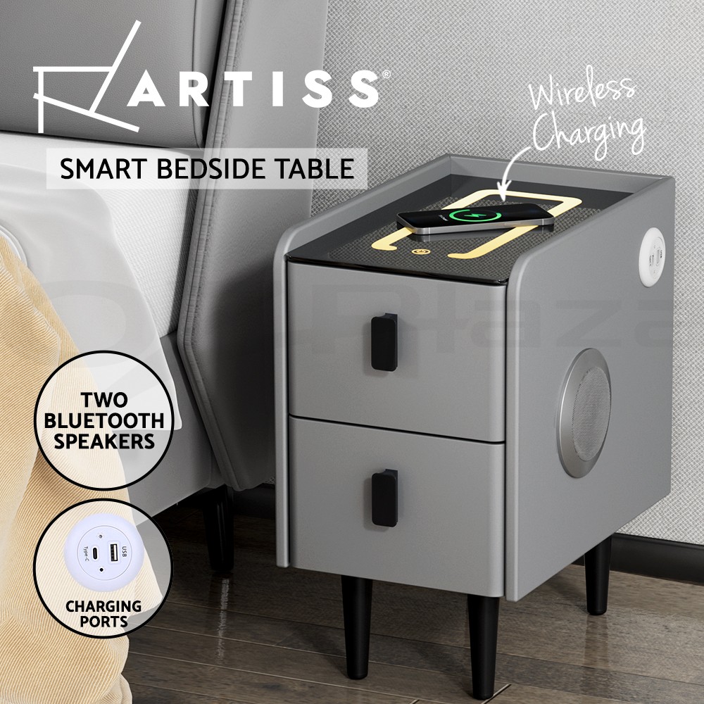 Artiss Aida Smart Bedside Table 2 Drawers Wireless Charging LED Lights PU Grey