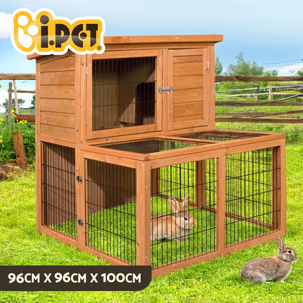 i.PET Rabbit Hutch 2 Tiers Wooden Outdoor Built-in Run Guinea Pig Ferret Cage