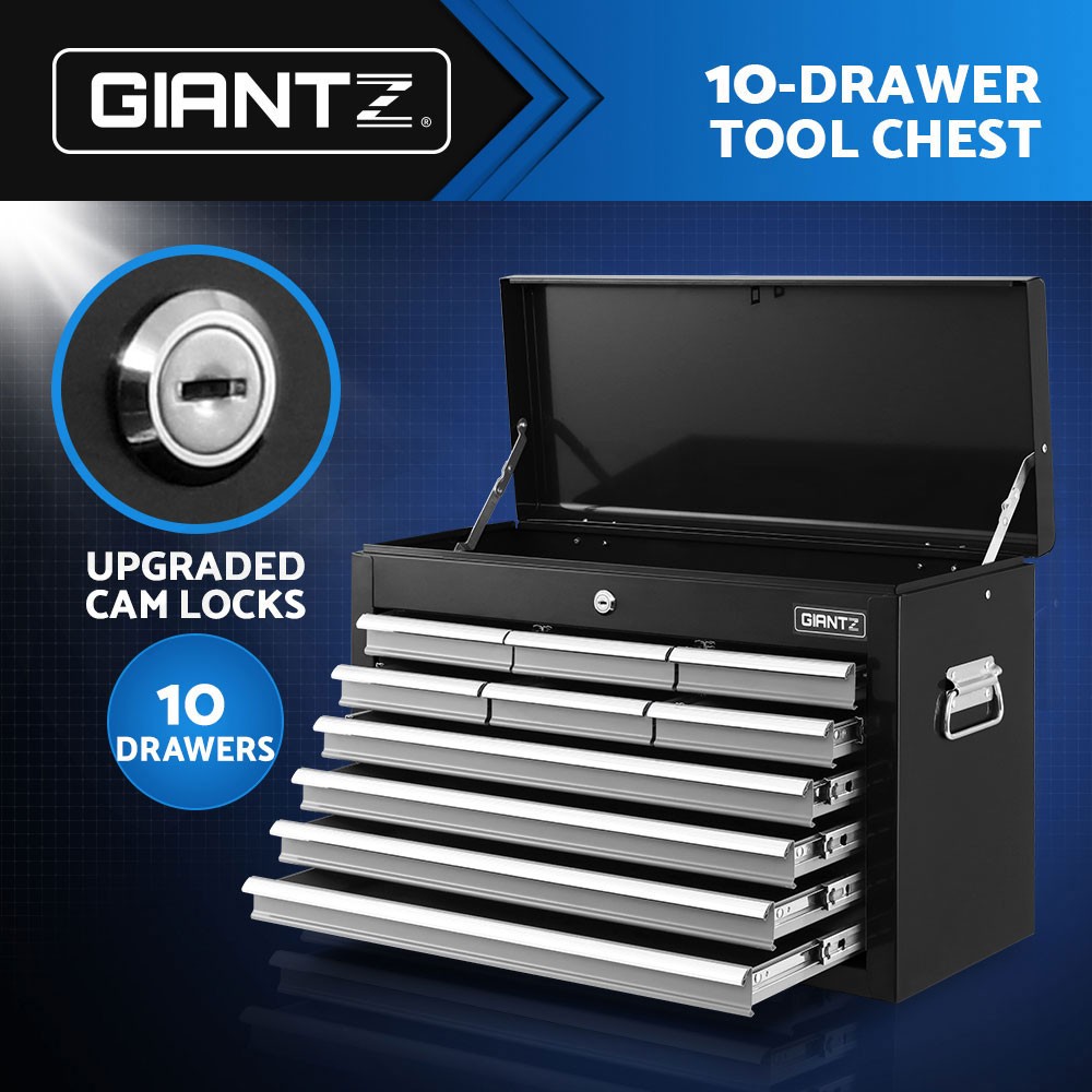 Giantz 10 Drawer Tool Chest Cabinet Steel Lockable Black 75kg Bearing Slides