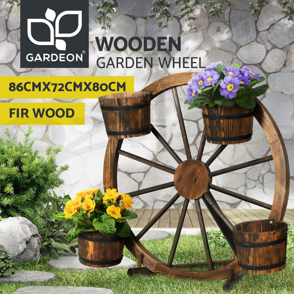 Gardeon Wooden Garden Wheel Outdoor Planter Rustic Weatherproof Four Buckets