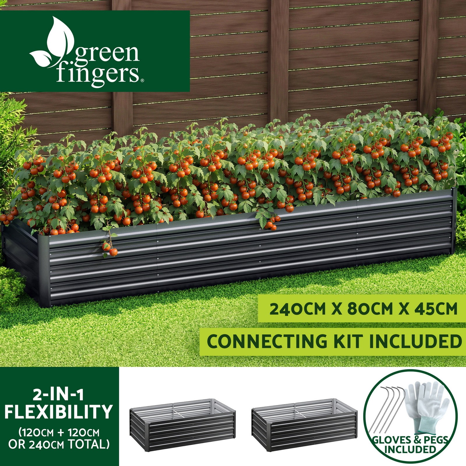 Greenfingers Galvanised Raised Garden Bed 240X80X45cm Rectangular Steel Grey Tub