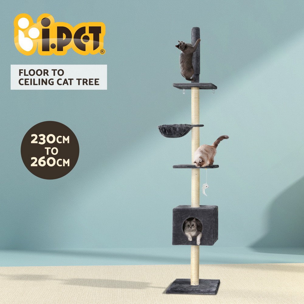 i.Pet Cat Tree Scratching Post Tower Floor to Ceiling 260cm Sisal Dark grey Bed