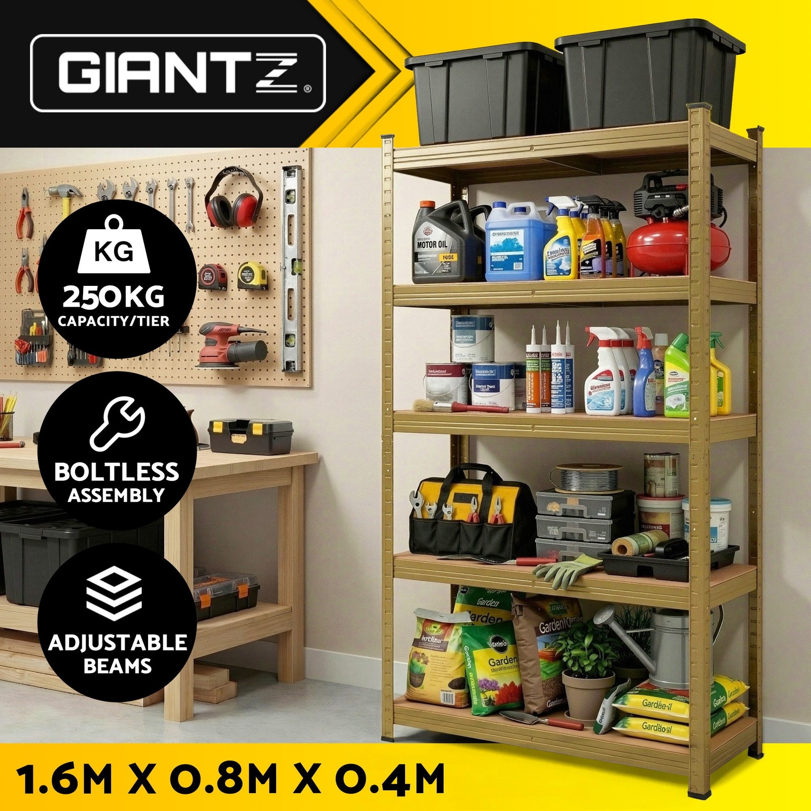 Giantz Warehouse Shelving Rack 5-Tier 1250kg 250kg MDF Yellow 80cm 40cm 160cm