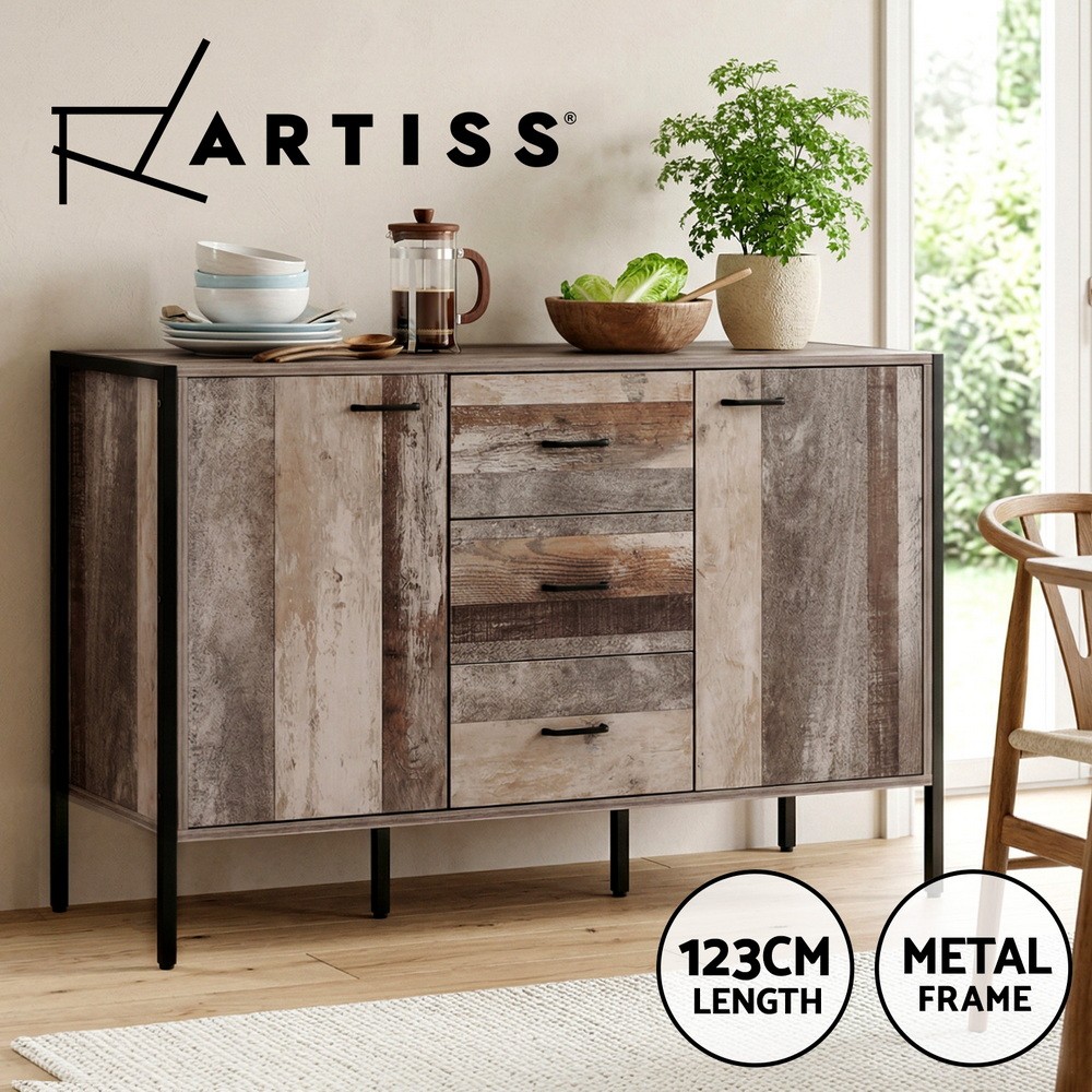 Artiss Wooden Sideboard 3 Drawers Two Cabinets Dark Grey 123cm 39cm 79cm Metal
