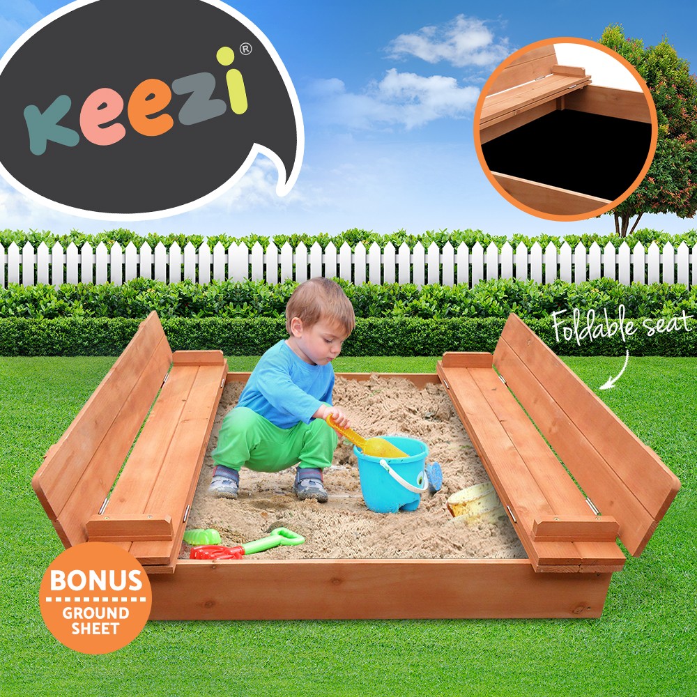 Keezi Kids Wooden Sandpit Square 95x90x14cm Natural Foldable Nylon Ground Sheet
