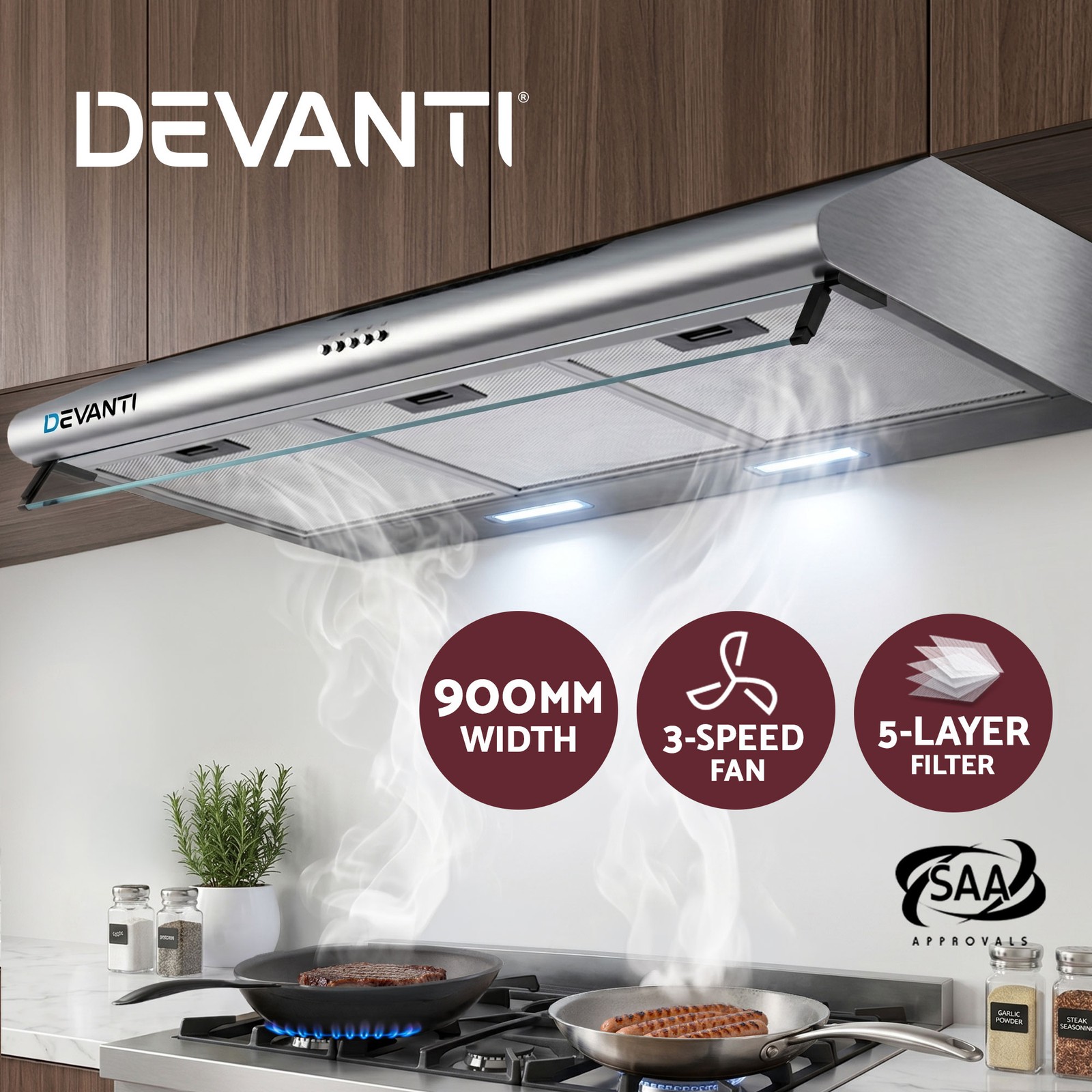 Devanti 900mm Rangehood Stainless Steel 3-speed LED 5-Layer Aluminium Filter