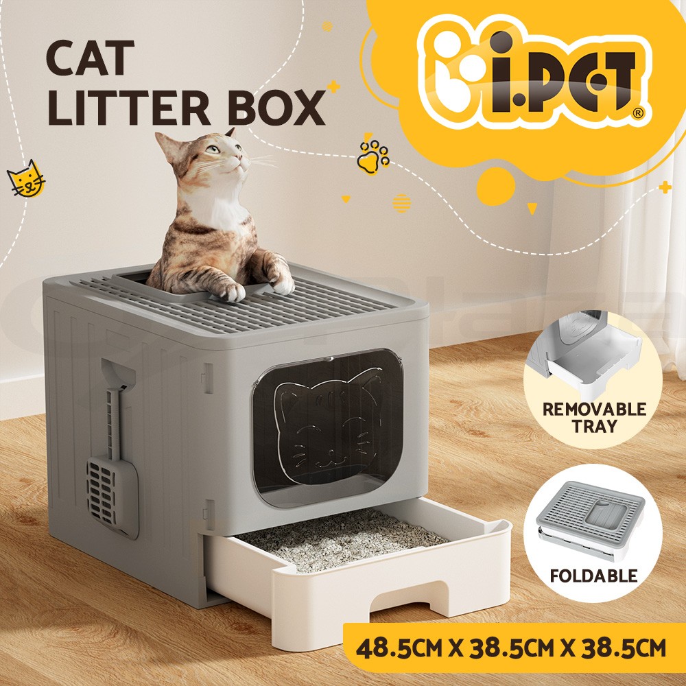 i.Pet Enclosed Hooded Cat Litter Box Foldable Removable Tray Scoop Grey White