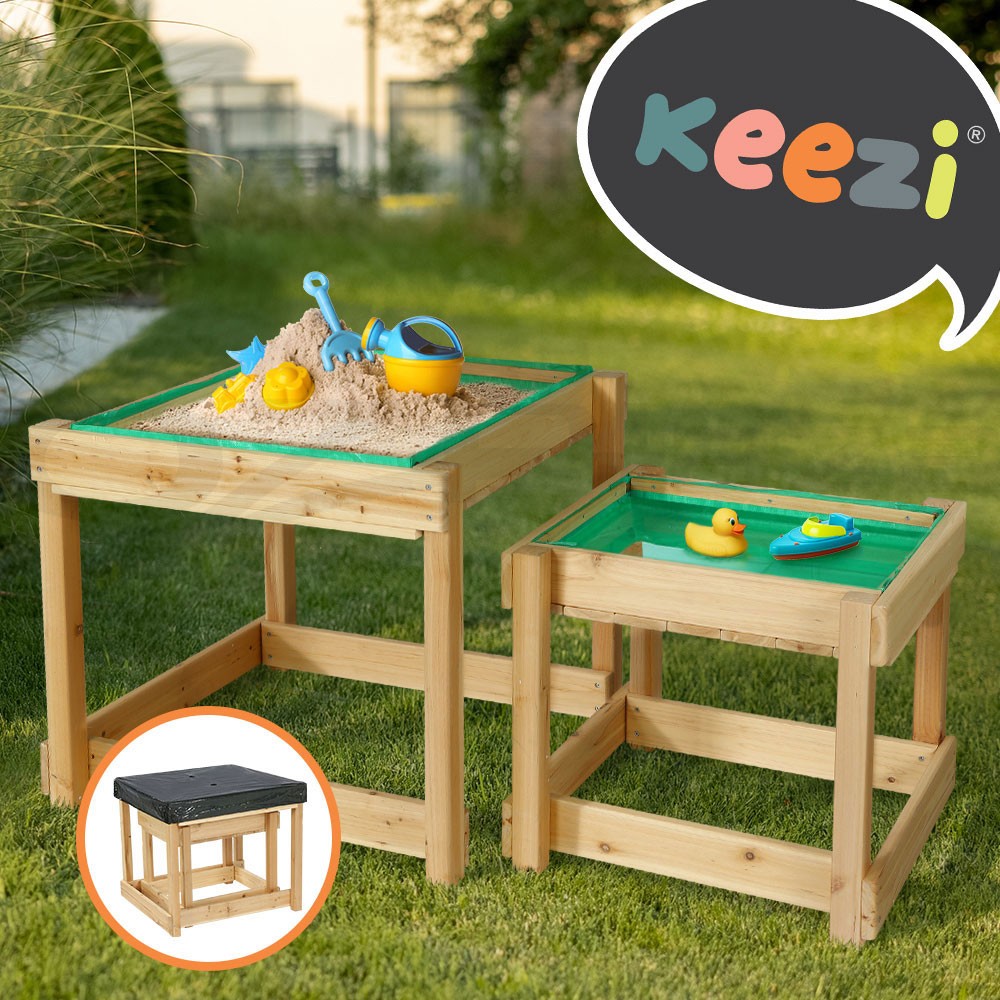 Keezi Kids Sandpit Water and Sand Wooden Table Set with Cover Foldable Outdoor