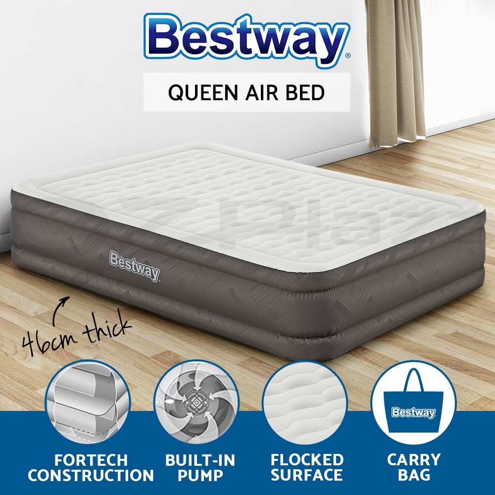 Bestway Fortech Queen Air Bed Inflatable Mattress Built-in Pump Flocked 350KG