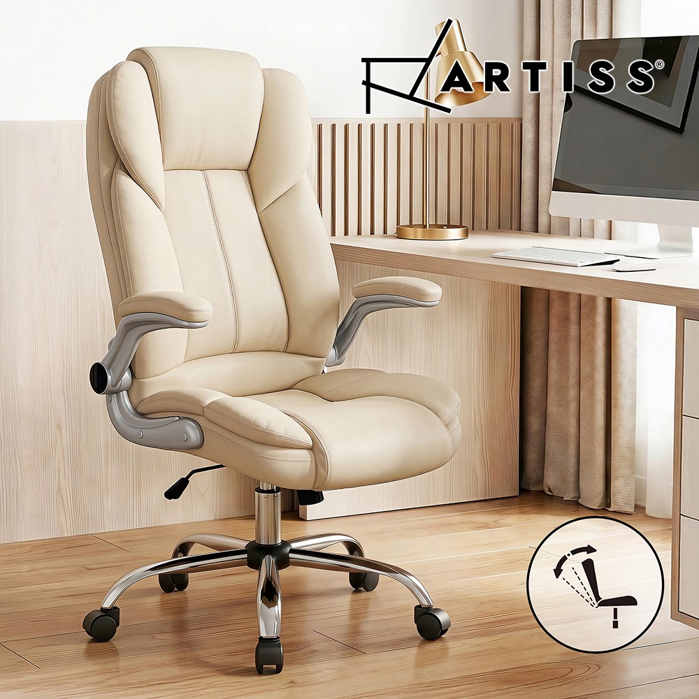 Artiss Kea Executive Office Chair PU Leather Recline Flip-up Arms Beige 150kg