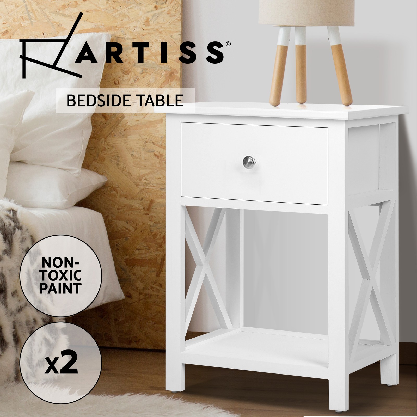Artiss EMMA 2x Bedside Tables White Shelf Fully Assembled DRESS-D-BS-1DX2