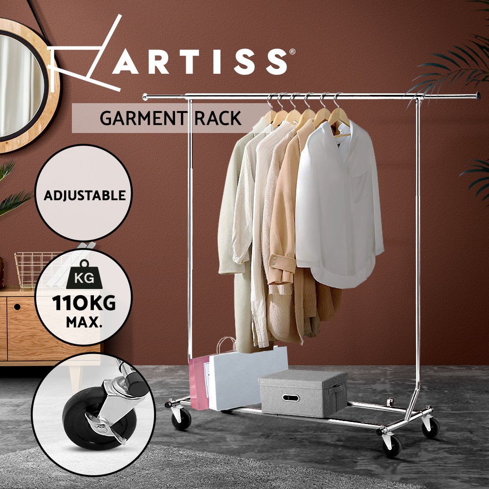 Artiss Heavy Duty Garment Rack Metal Adjustable Clothes Wheels Silver Chrome