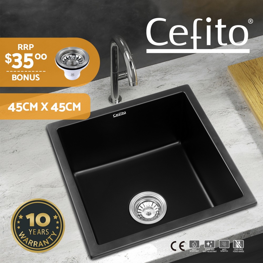 Cefito Granite Stone Kitchen Sink 45x45cm Single Bowl Black Waste Strainer 23cm