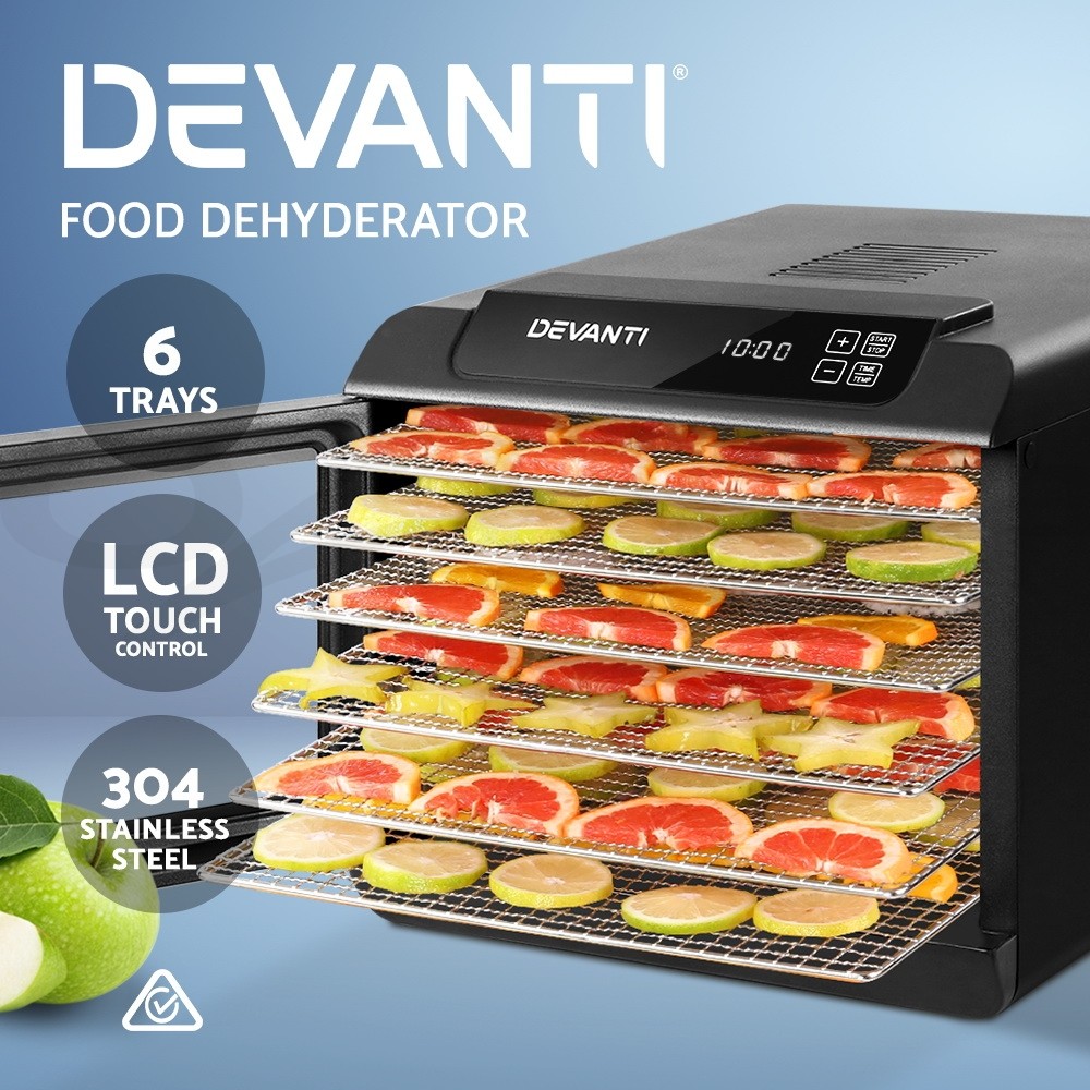 Devanti Food Dehydrator 6 Trays Stainless Steel LCD Touch Black FD-E-363-ST-BK