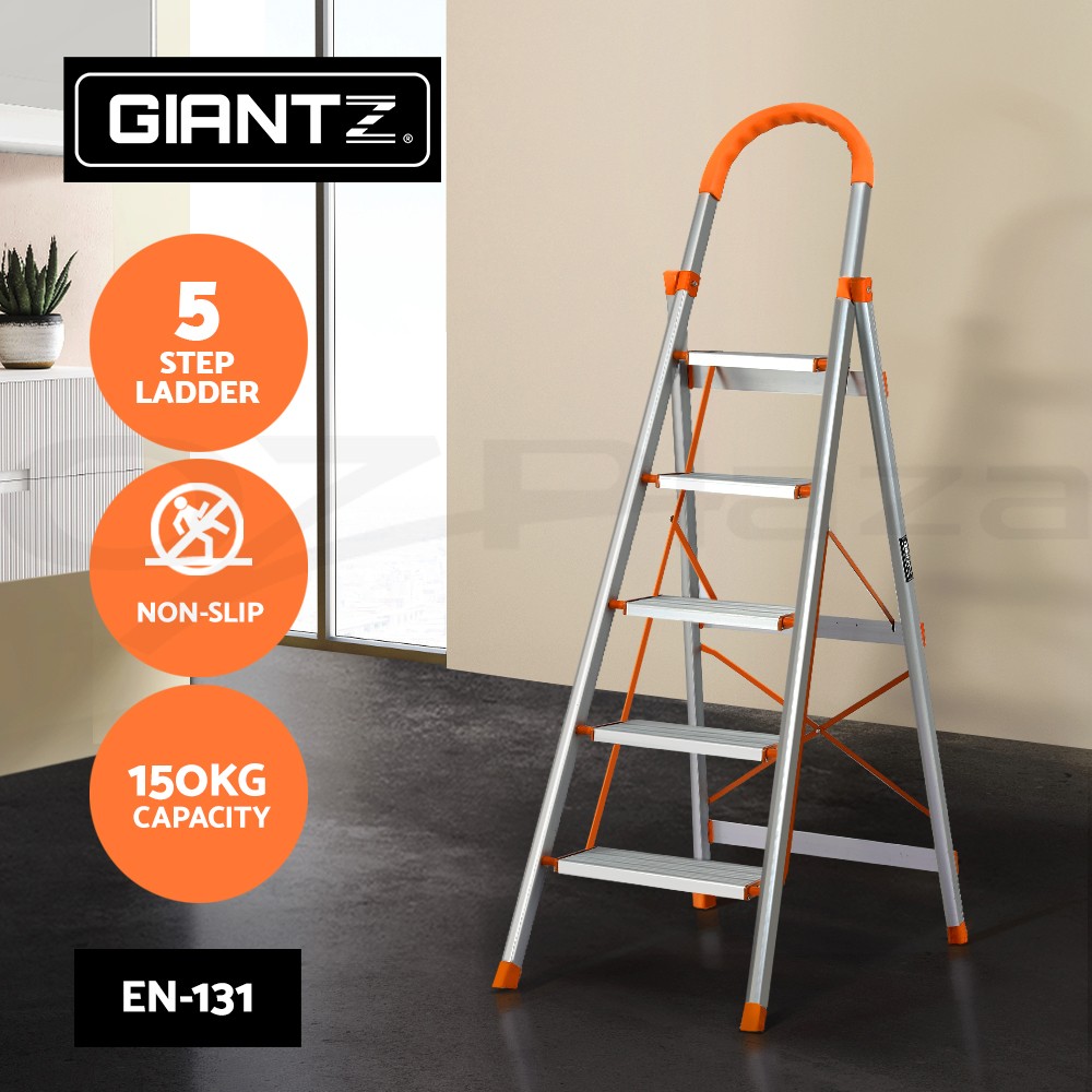 Giantz 5 Step Ladder Folding Aluminium Portable 150 kg 166 cm Anti-slip Silver