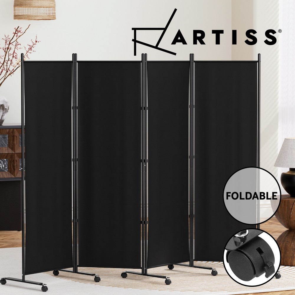 Artiss Room Divider 4 Panel Foldable Privacy Screen Black Oxford Cloth Wheels
