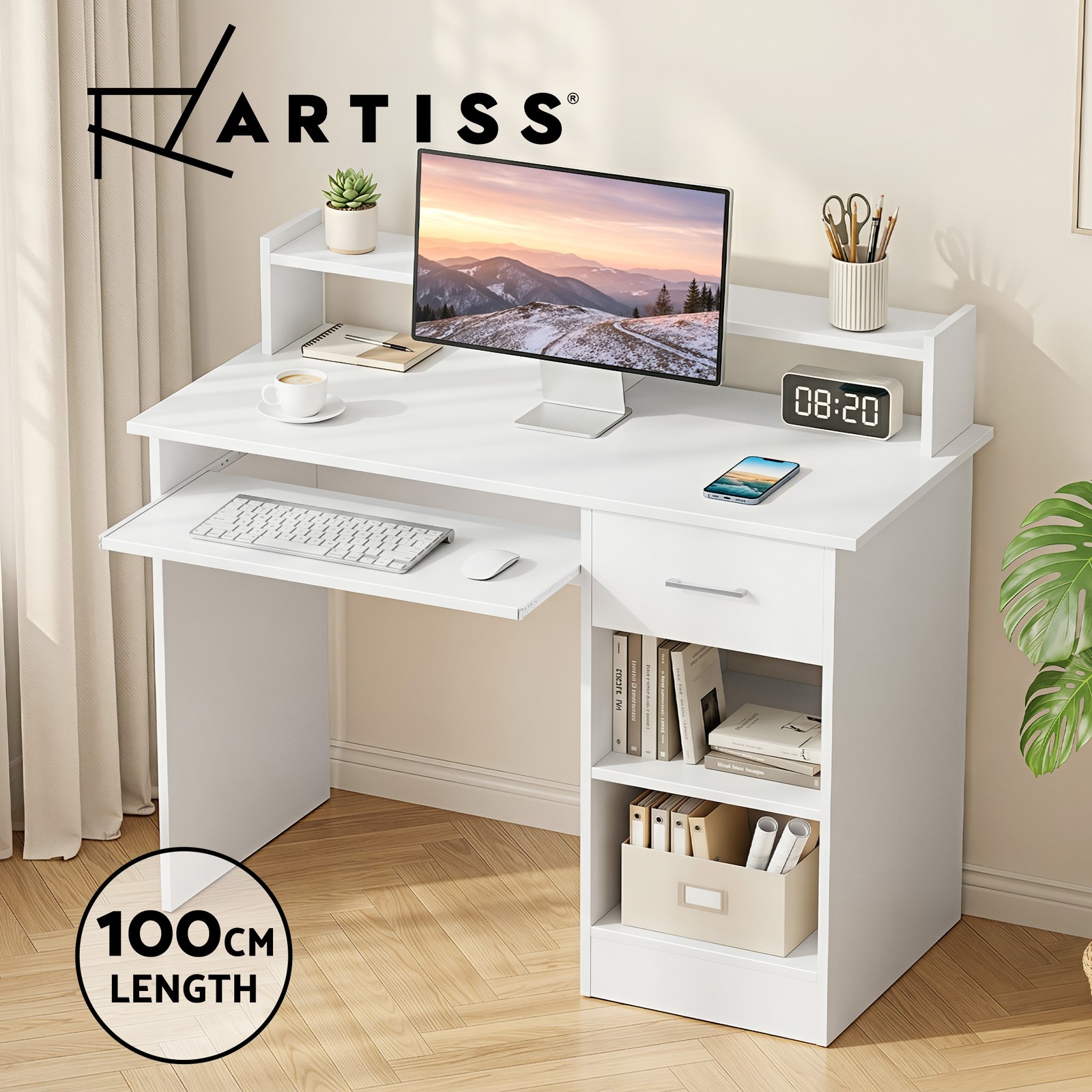 Artiss Kerri Computer Desk 100CM White Home Office Study Drawer Shelf Cabinet