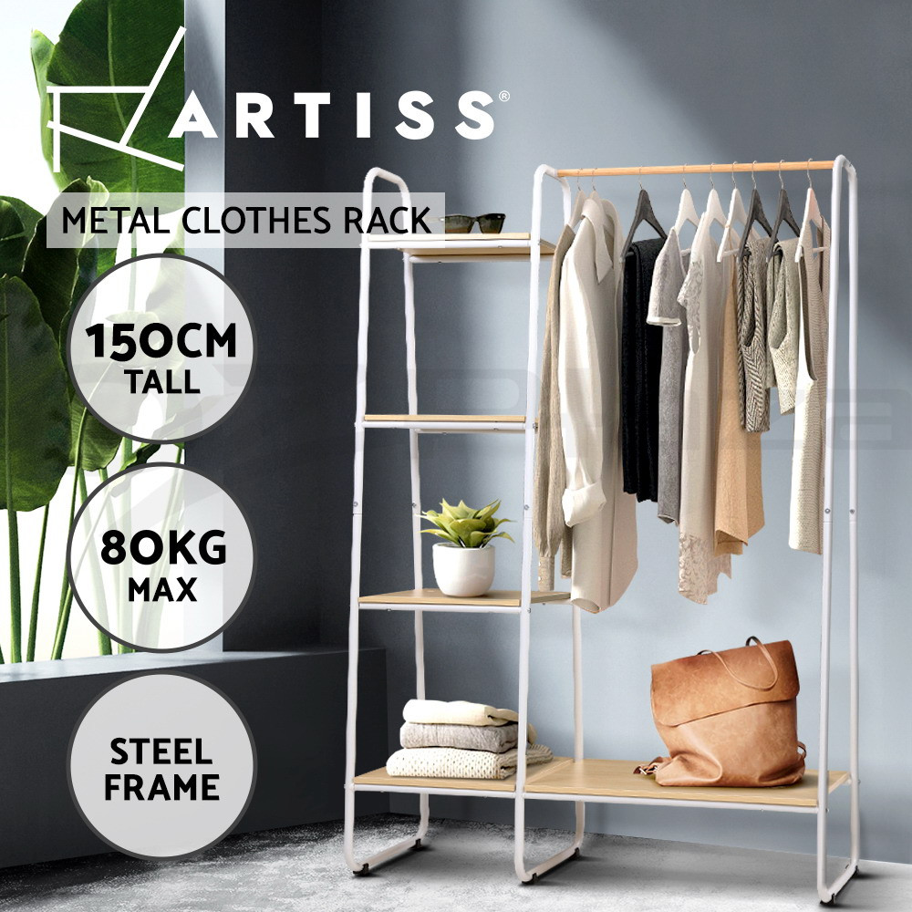 Artiss Clothes Rack E902-BK Metal Storage Shelf White 4 Shelves Mdf Adjustable