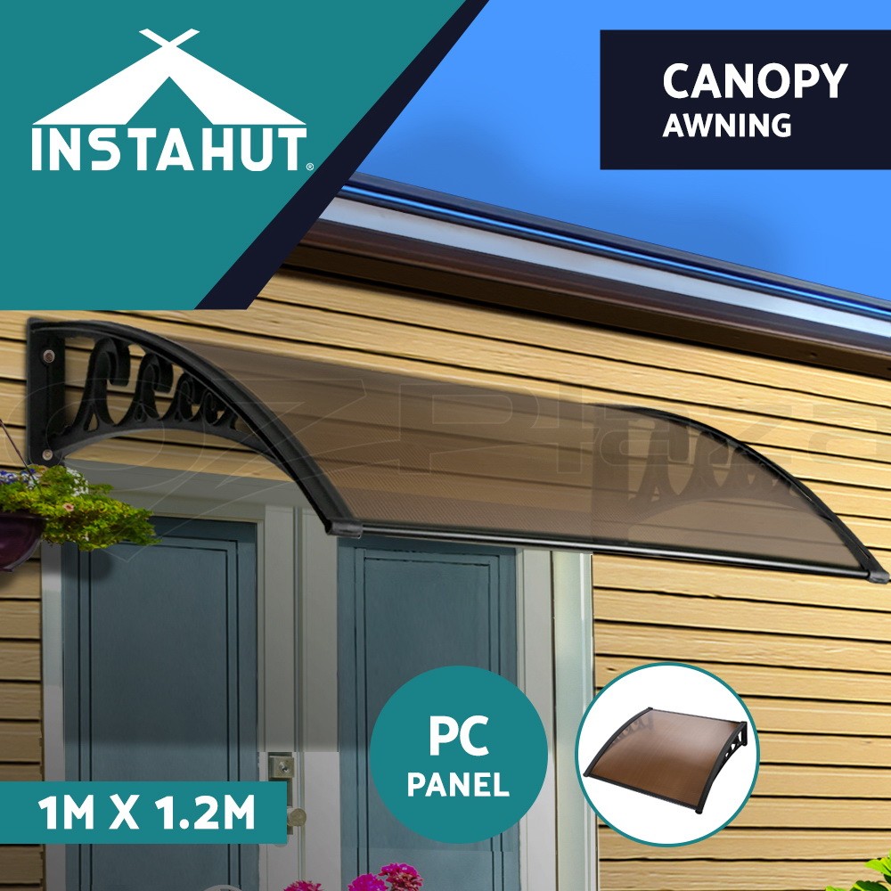 Instahut Door Window Awning 1X1.2M Brown 5mm Hollow Panel UV Rain Resistant PC