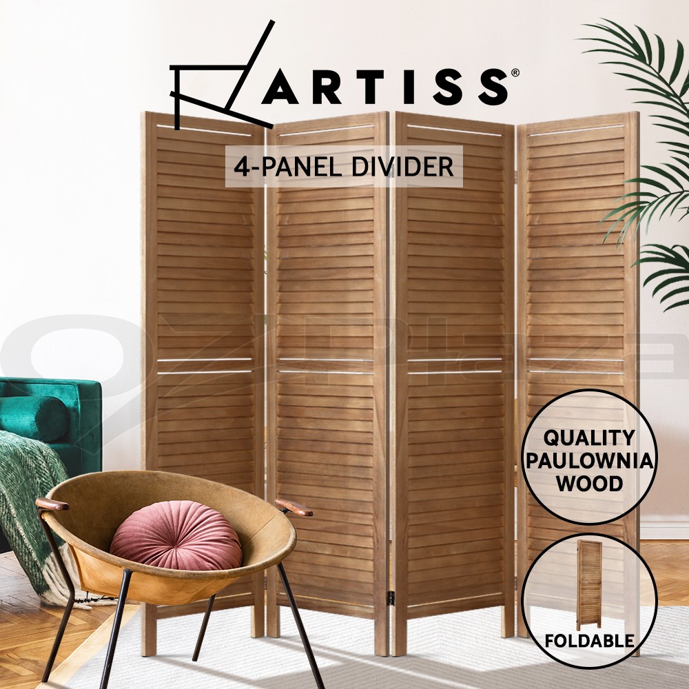 Artiss 4 Panel Room Divider Privacy Screen Foldable Paulownia Brown 160 170cm