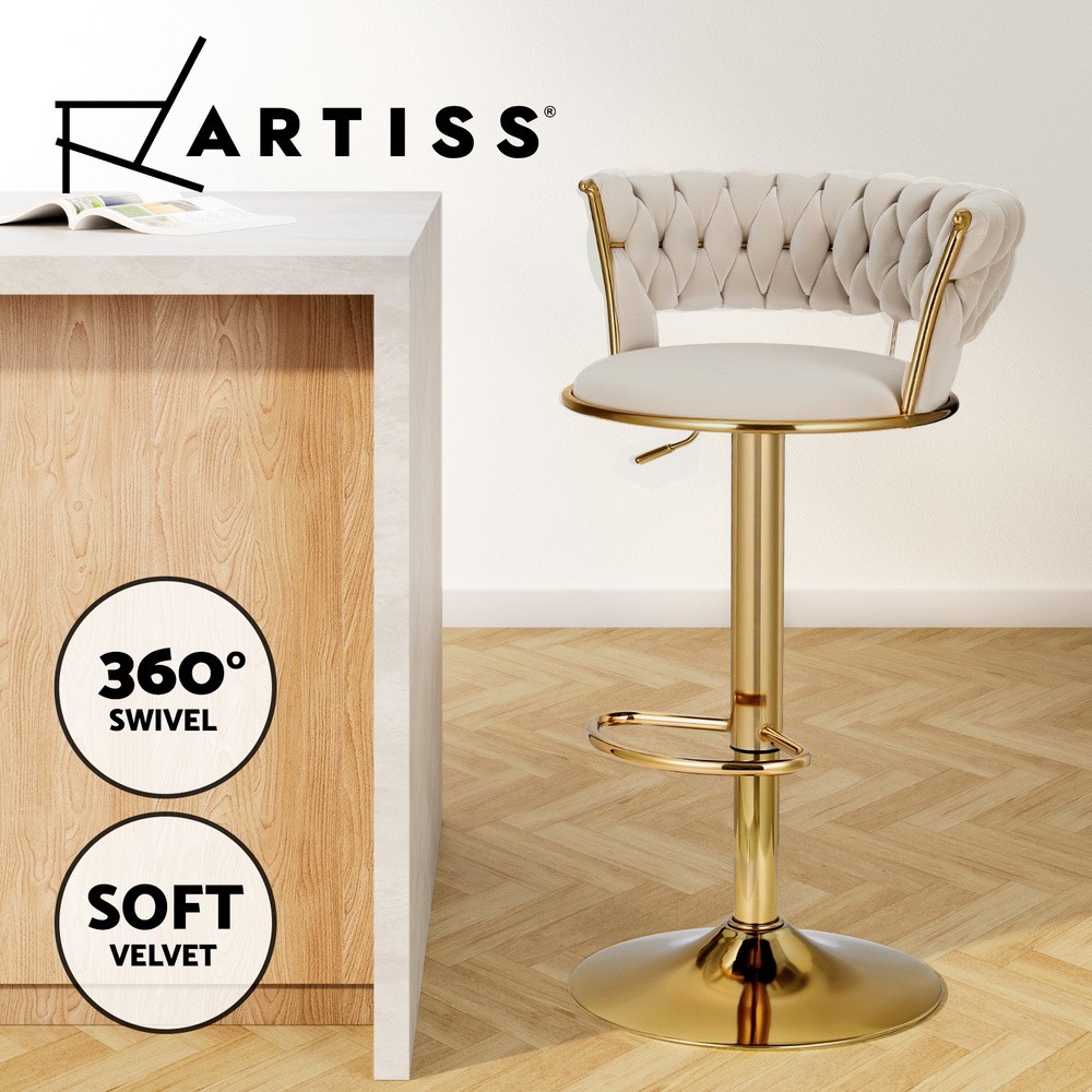 Artiss Vivien Bar Stool Velvet Hand-woven Backrest Lift Swivel Adjustable Ivory