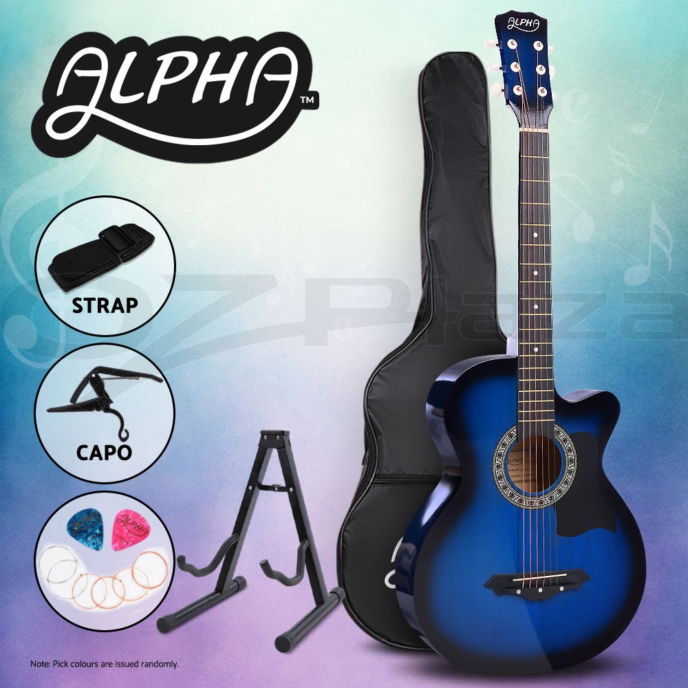 Alpha 38 Inch Cutaway Acoustic Guitar Steel String Full-Size Blue Gig Bag Capo
