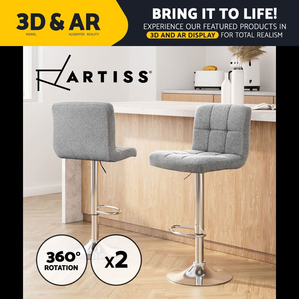 Artiss 2x Bar Stools Gas Lift Swivel Adjustable Grey Faux Linen Chrome Steel
