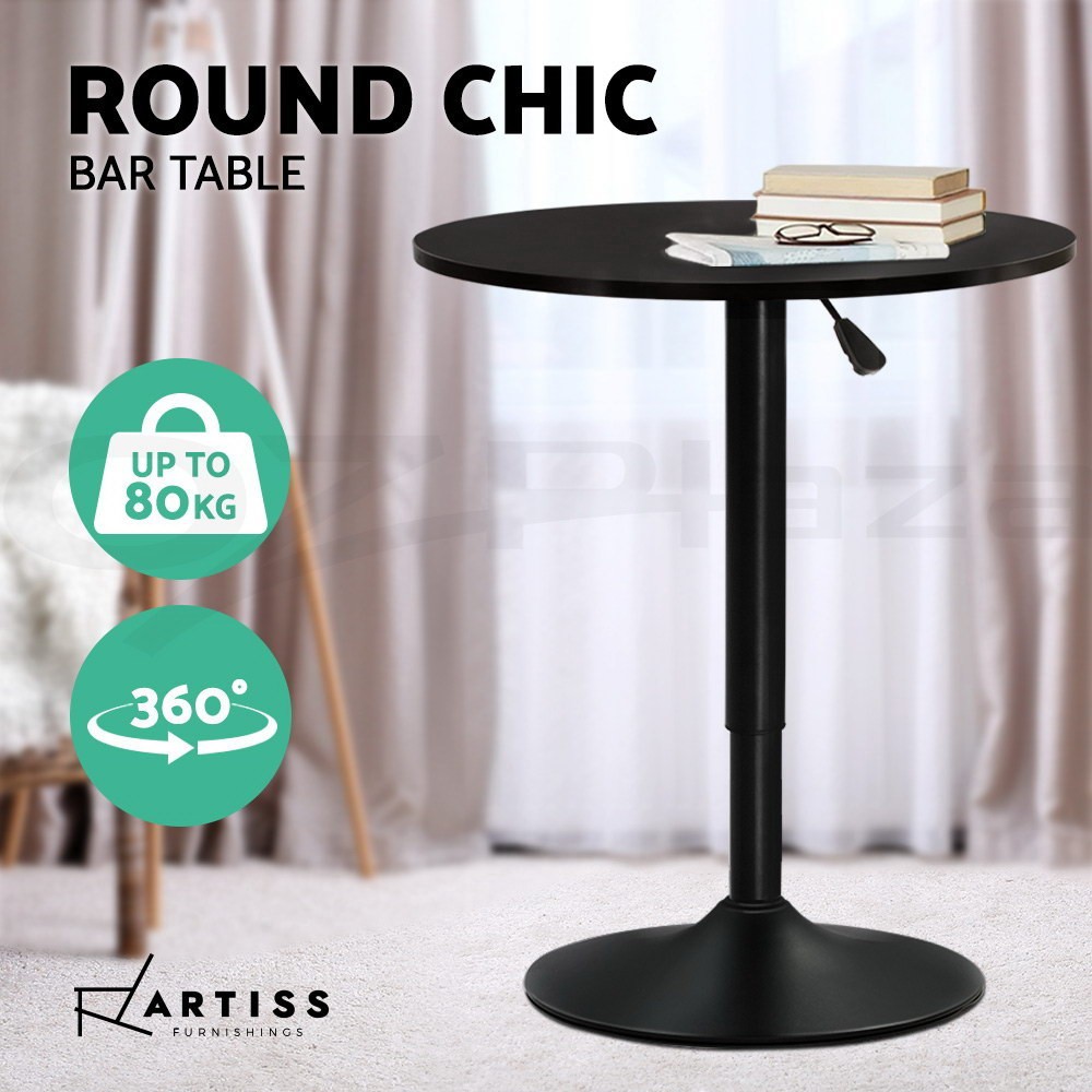 Artiss Bar Table Round Swivel Gas Lift Adjustable Height Outdoor Black MDF 60cm