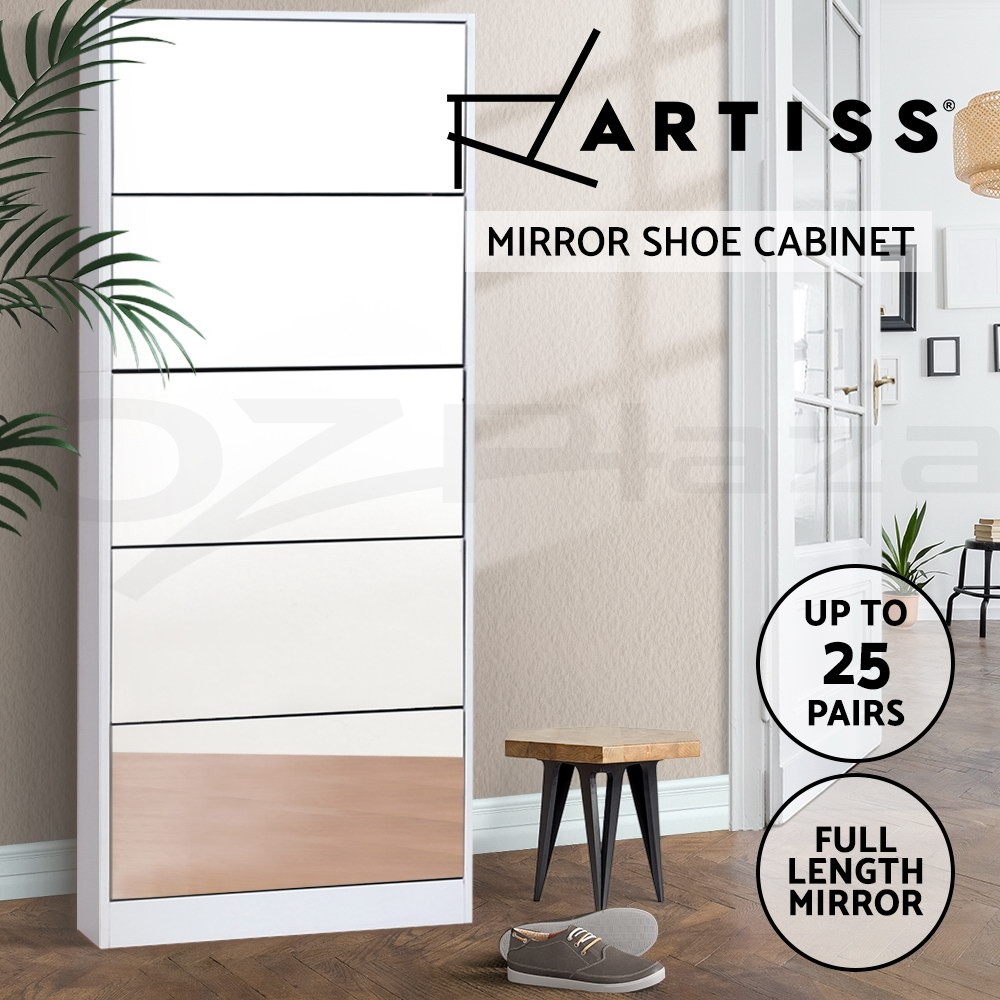 Artiss Shoe Cabinet Full-Length Mirror 25 Pairs White 63cm 17cm 170cm Adjustable