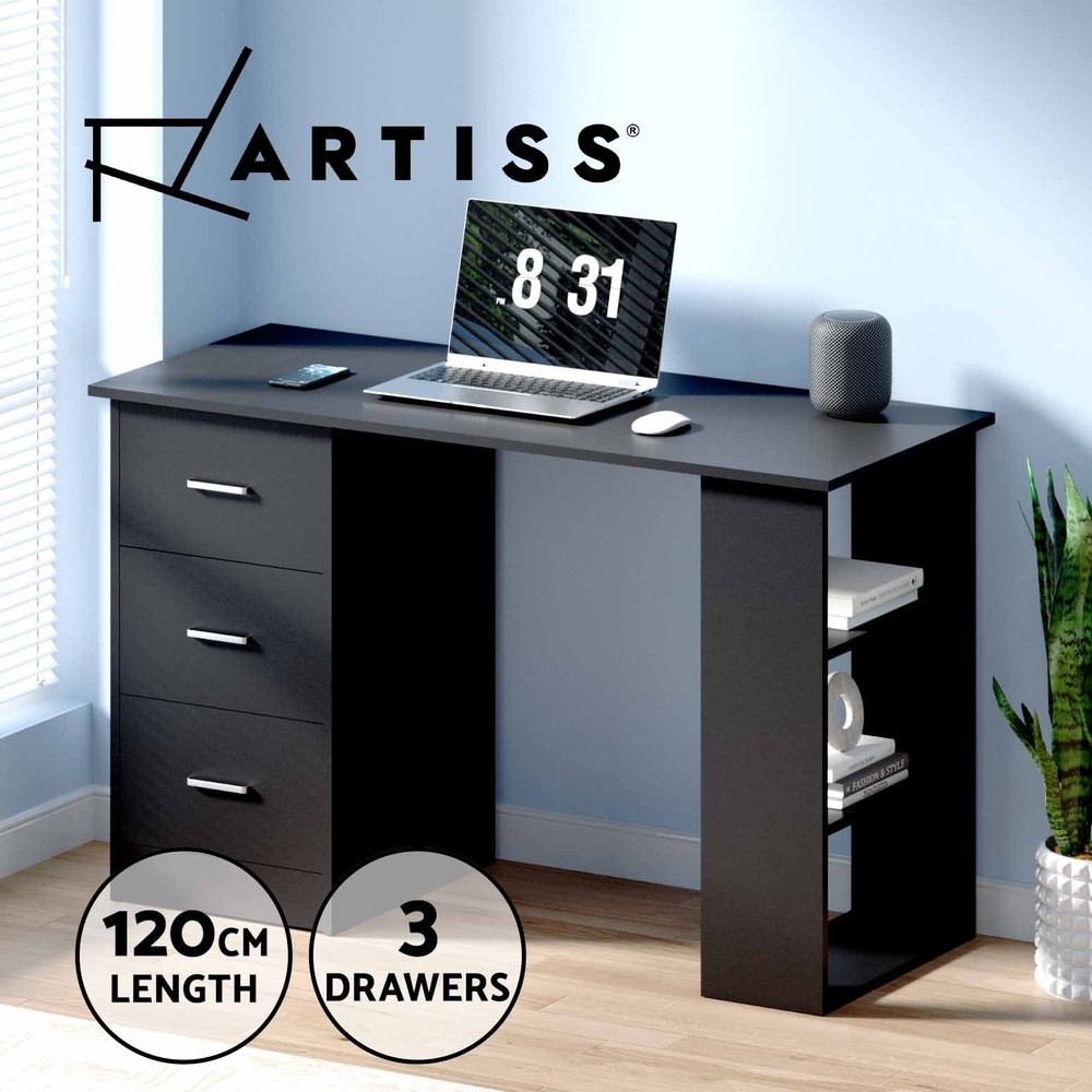 Artiss Bobb Computer Desk With Drawers 3-Tier Shelves Black 120cm Workstation