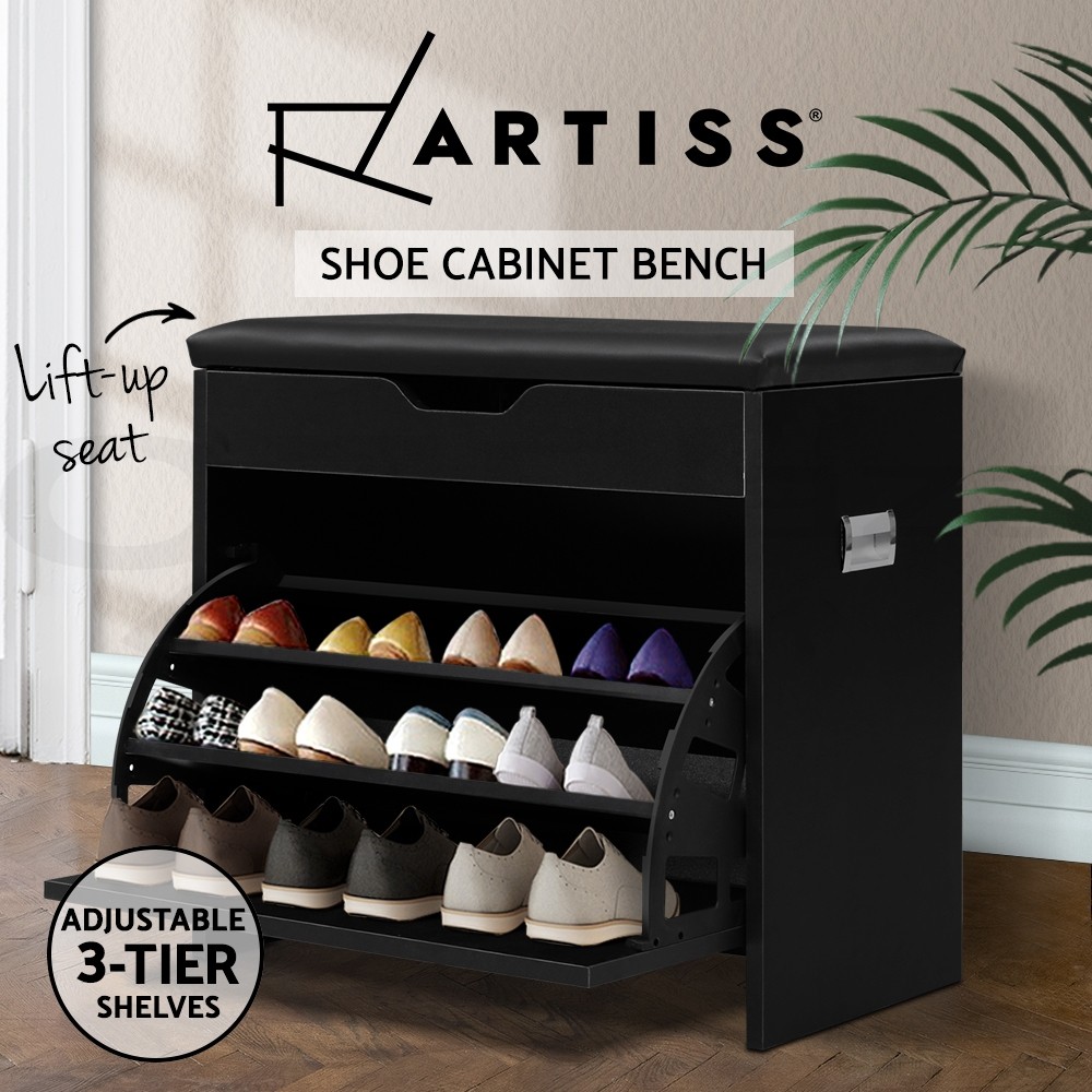 Artiss Shoe Cabinet Bench PU Leather Seat Adjustable Shelves Black 15 Pairs