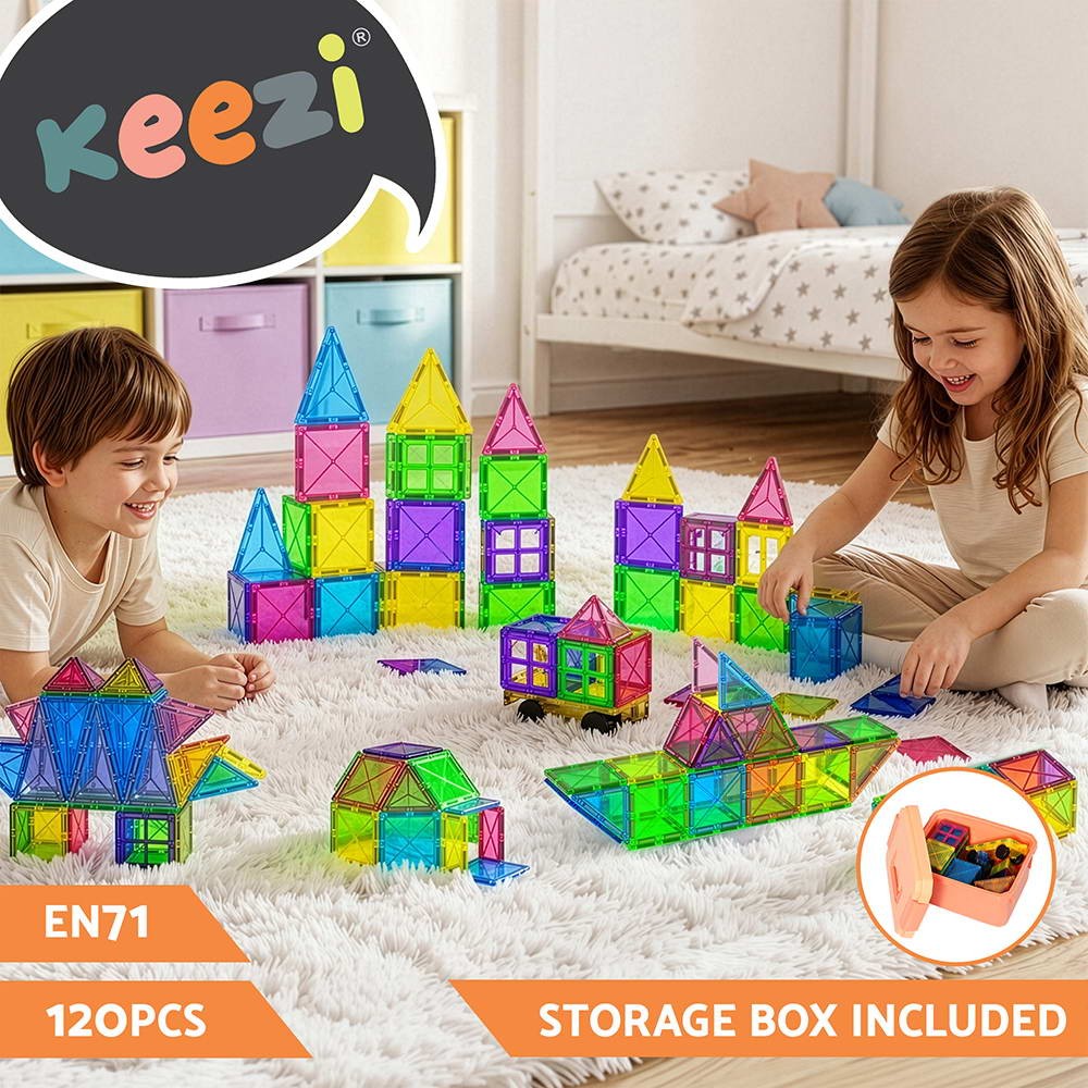 Keezi 120pcs Magnetic Tiles STEM Educational Toy ABS Plastic 3D Set Storage Box