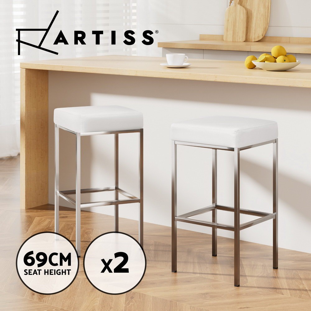 Artiss 2x Bar Stools PU Leather Chrome Steel White 69cm Modern Kitchen Counter