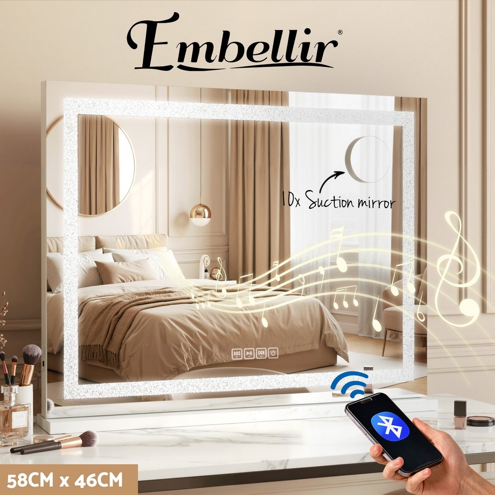 Embellir Bluetooth Makeup Mirror LED Crystal 58x46cm Touch Controls USB Charger
