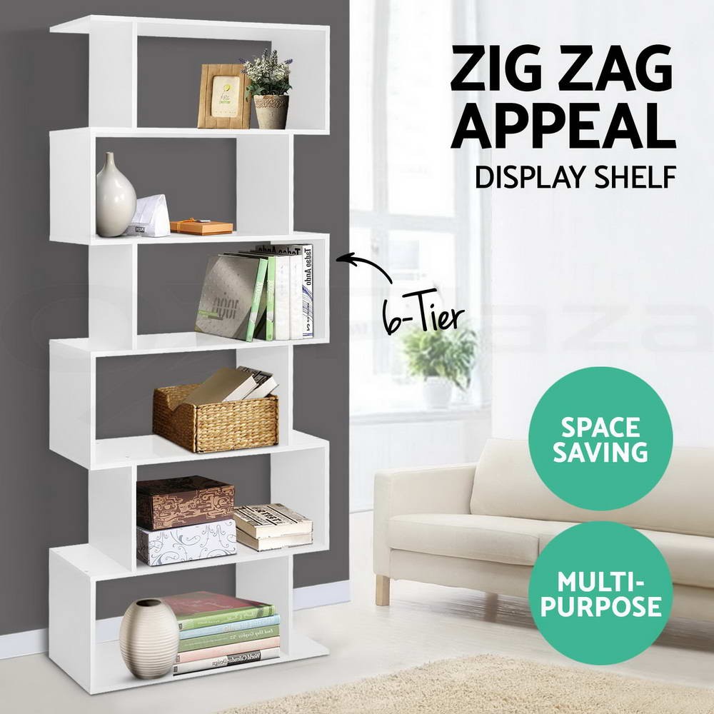 Artiss S-Shape Display Bookshelf 6 Tiers White 192 cm Free Standing Storage